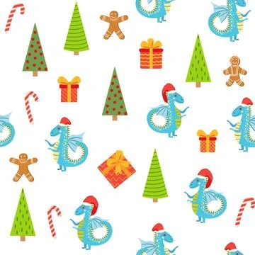 Seamless pattern with cute dragons Christmas design. Chinese New Year backgro Stock Illustration
