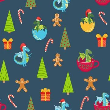 Seamless pattern with cute dragons Christmas design. Chinese New Year backgro Stock Illustration