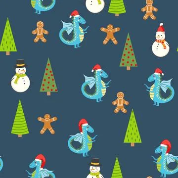 Seamless pattern with cute dragons Christmas design. Chinese New Year backgro Stock Illustration