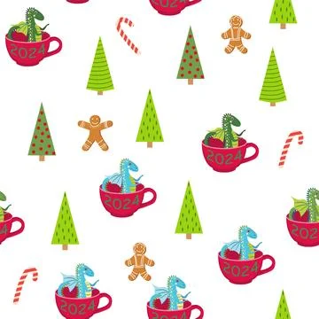 Seamless pattern with cute dragons Christmas design. Chinese New Year backgro Stock Illustration
