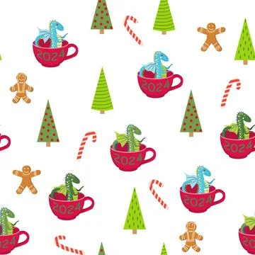 Seamless pattern with cute dragons Christmas design. Chinese New Year backgro Stock Illustration