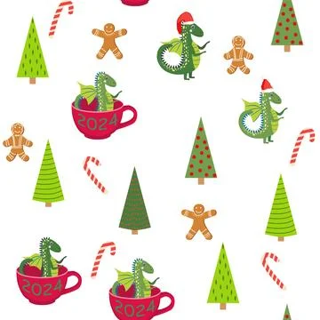 Seamless pattern with cute dragons Christmas design. Chinese New Year backgro Stock Illustration