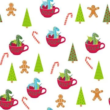 Seamless pattern with cute dragons Christmas design. Chinese New Year backgro 스톡 일러스트