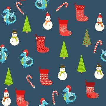 Seamless pattern with cute dragons Christmas design. Chinese New Year backg.. Stock Illustration