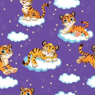 Seamless pattern with cute dreaming tigers purple Stock Illustration