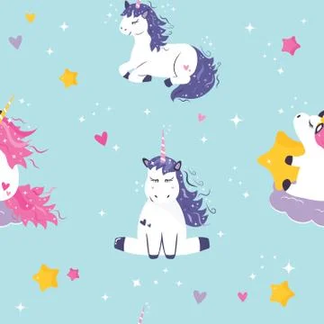 Seamless pattern with cute dreaming unicorns Stock Illustration