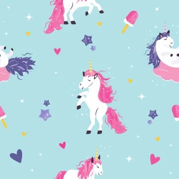 Seamless pattern with cute dreaming unicorns Stock Illustration