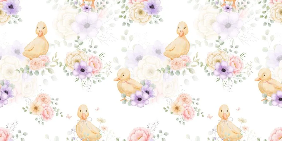 Seamless pattern with cute duckling with spring flowers, perfect for nursery  Stock Illustration