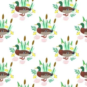 Seamless pattern with cute ducks and water lily flowers. Vector illustration. Stock Illustration