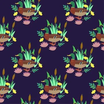 Seamless pattern with cute ducks and water lily flowers. Vector illustration. Stock Illustration