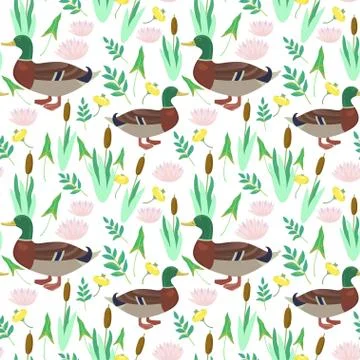 Seamless pattern with cute ducks and water lily flowers. Vector illustration. Illustrazione stock