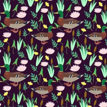 Seamless pattern with cute ducks and water lily flowers. Vector illustration. Stock Illustration