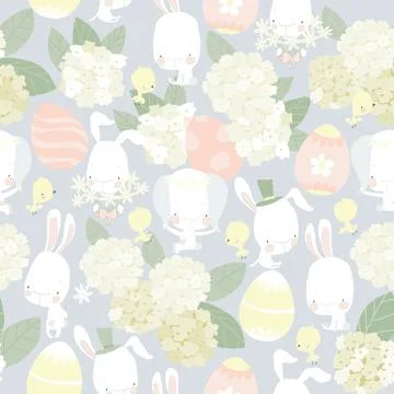 Seamless Pattern with Cute Easter Bunnies, Easter Eggs anf Hydrangea Illustrazione stock