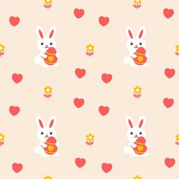 Seamless pattern with cute Easter bunnies and hearts. Vector.  Stock Illustration