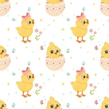 Seamless Pattern with Cute Easter Chicks white background Stock Illustration