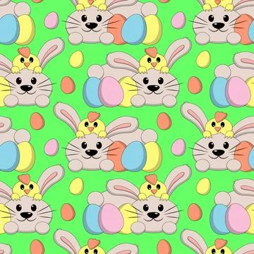 Seamless pattern with Cute Easter Rabbit and Chicken with egg Stock Illustration