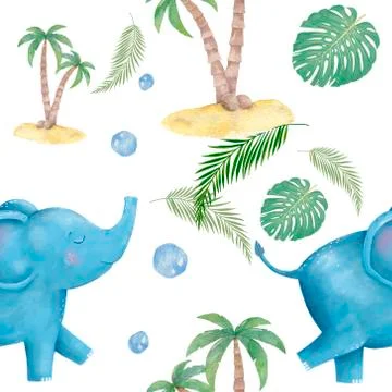 Seamless pattern with cute Elephant and palm. Hand drawn watercolor illustration Stock Illustration