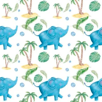Seamless pattern with cute Elephant and palm. Hand drawn watercolor illustrat Stock Photos