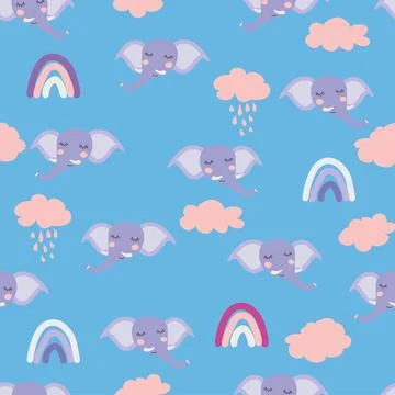 Seamless pattern with cute elephant animal faces. Illustration in boho style, 스톡 일러스트
