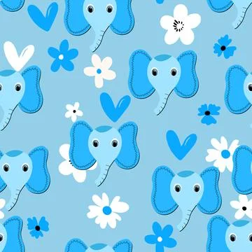Seamless pattern with cute elephant face on color floral background. Vector flat Stock Illustration