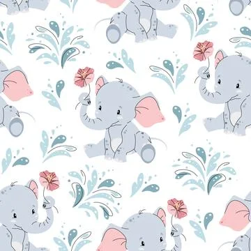 Seamless pattern with cute elephants and water splashes in flat style. Repe.. Stock Illustration