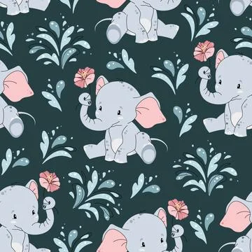Seamless pattern with cute elephants and water splashes in flat style. Repe.. 스톡 일러스트