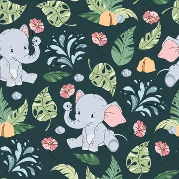 Seamless pattern with cute elephants in flat style. Repeating background with Stock Illustration
