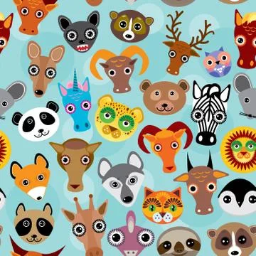 Seamless pattern cute face funny animals on blue background. vector 스톡 일러스트