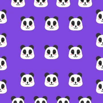 Seamless pattern cute face panda on purple background Stock Illustration