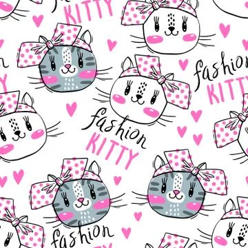 Seamless pattern with cute fase of cats and bows. Fashion kawaii kitty. Vector Stock Illustration