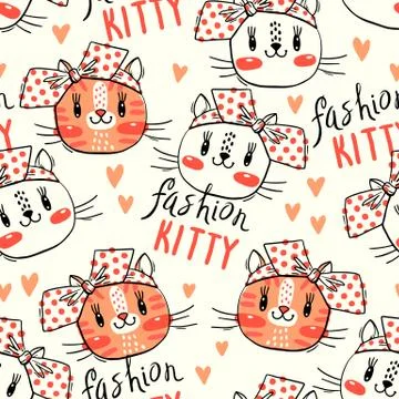 Seamless pattern with cute fase of cats and bows. Fashion kawaii kitty. Vector Stock Illustration