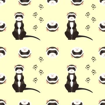 Seamless pattern with cute ferret with footprints. Vector flat design Illustrazione stock