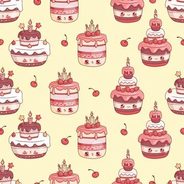 Seamless pattern with cute festive birthday cake with candles on yellow bac.. Illustrazione stock