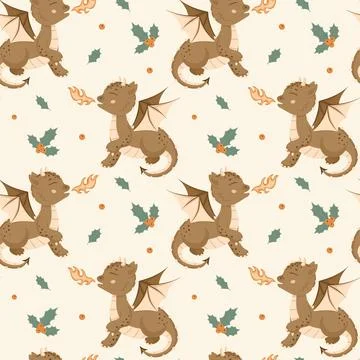 Seamless pattern with cute fire-breathing dragon and mistletoe leaves in ca.. Stock Illustration