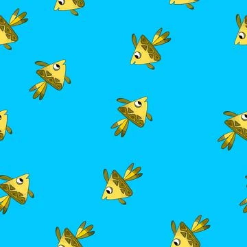 Seamless pattern with cute fish on blue background. Vector cartoon animals 스톡 일러스트