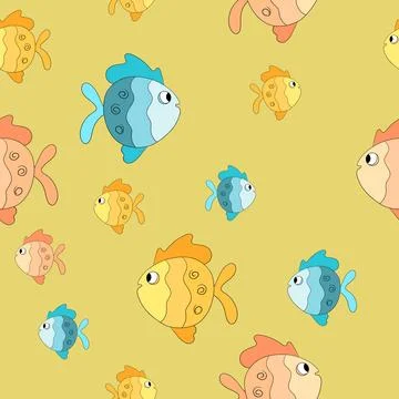 Seamless pattern with cute fish on color background. Vector cartoon animals Stock Illustration