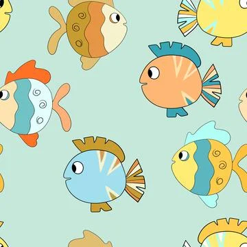 Seamless pattern with cute fish on color background. Vector cartoon animals Illustrazione stock
