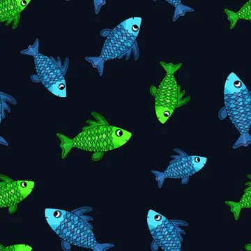 Seamless pattern with cute fish on dark background. Vector cartoon animals イラスト素材