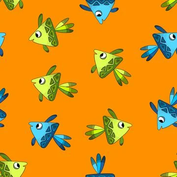 Seamless pattern with cute fish on orange background. Vector cartoon animals イラスト素材