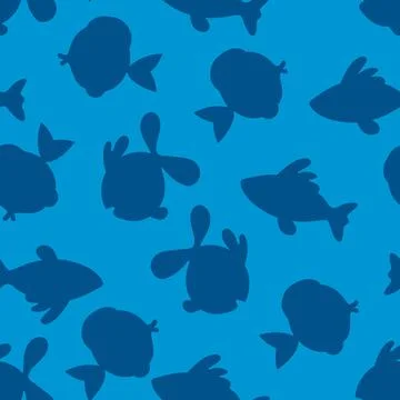 Seamless pattern with cute fish silhouette on blue background. Vector cartoon Illustrazione stock