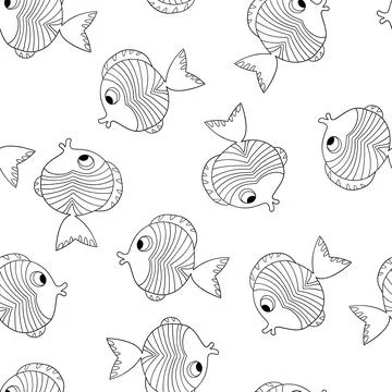 Seamless pattern with cute fish silhouette on white background. Vector cartoon Illustrazione stock