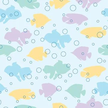Seamless pattern cute fish silhouettes and bubbles Stock Illustration