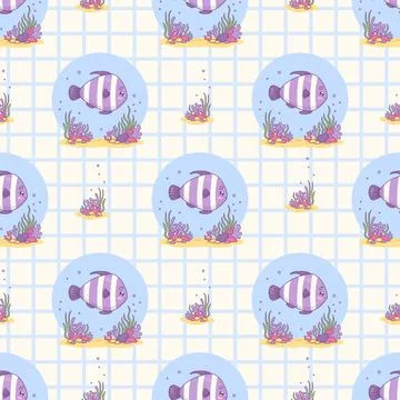 Seamless pattern with cute fish on white checkered background. Vector illus.. Illustrazione stock