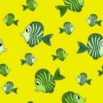 Seamless pattern with cute fish on yellow background. Vector cartoon animals Illustrazione stock