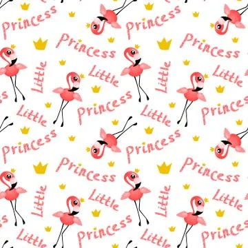 Seamless pattern with cute flamingo princess Stock Illustration