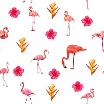 Seamless pattern with cute flamingo with tropical monstera and palm leaves, s Stock Illustration