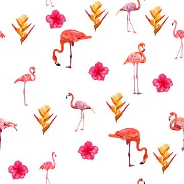 Seamless pattern with cute flamingo with tropical monstera and palm leaves, s Stock Illustration