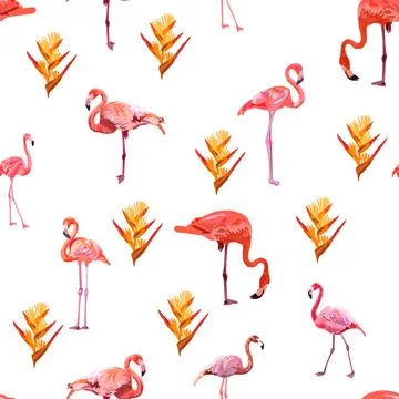 Seamless pattern with cute flamingo with tropical monstera and palm leaves, s Stock Illustration