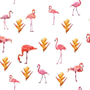 Seamless pattern with cute flamingo with tropical monstera and palm leaves, s Stock Illustration