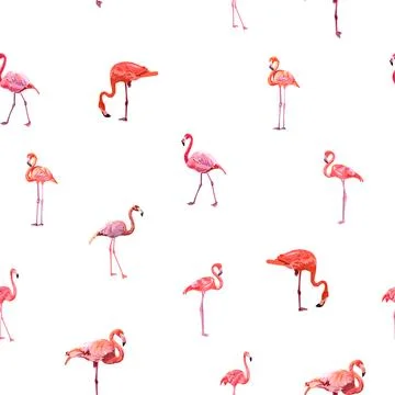 Seamless pattern with cute flamingo with tropical monstera and palm leaves, s Stock Illustration